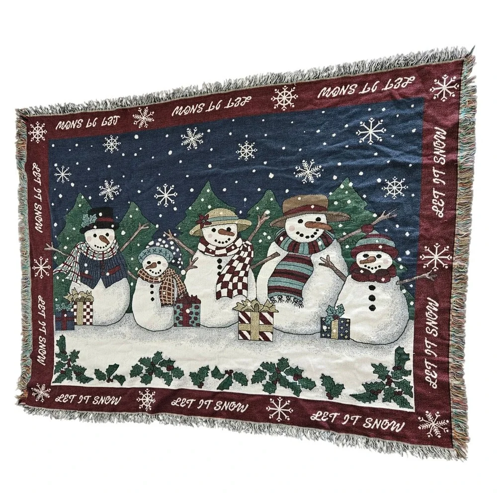 Let It‎ Snow Snowman Family Woven Tapestry Throw Blanket Fringed Holiday Decor